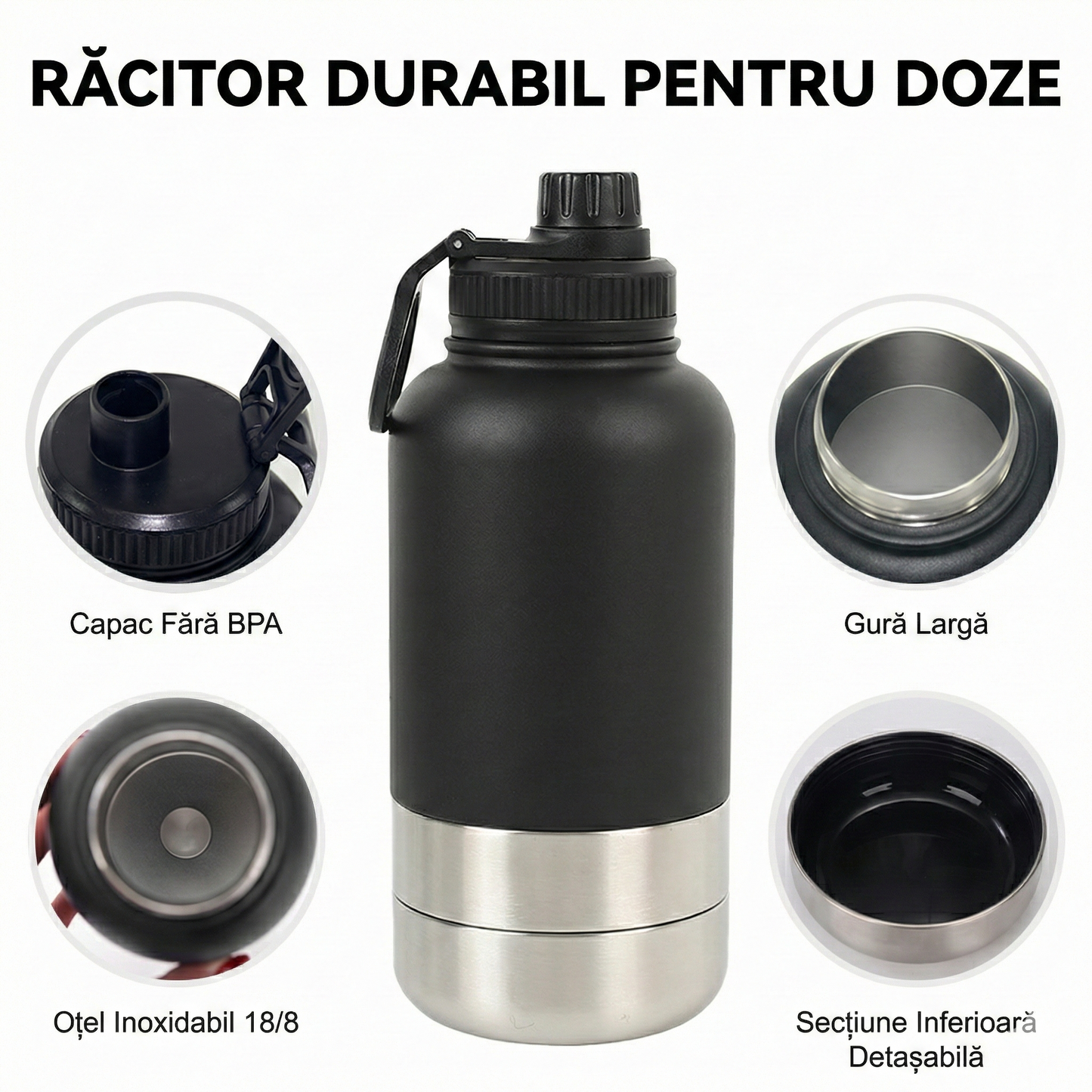 Sticlă de Apă Portabilă 3-în-1 pentru Câini & Pisici - compartiment apă + mâncare