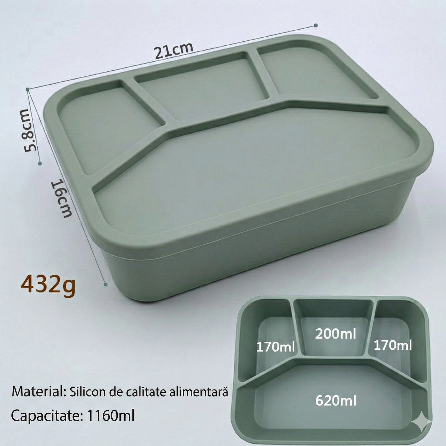 Caserolă Bento din Silicon Premium pentru Copii – 3 Compartimente & Capac Etanș (Indestructibilă)