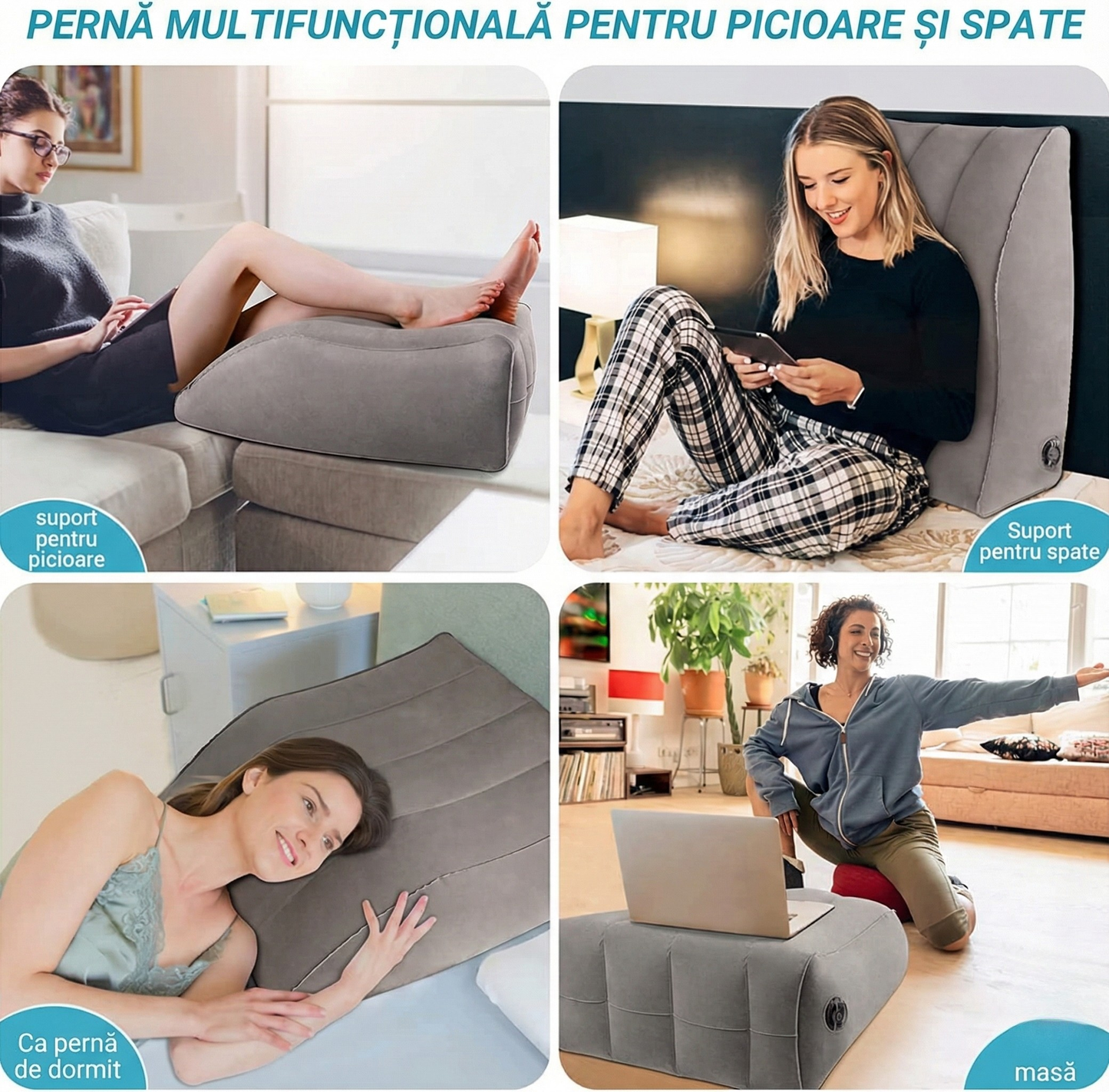 Pernă Ergonomică Multifuncțională 4-în-1 – Suport Relaxare Spate și Picioare (Gonflabilă & Portabilă)