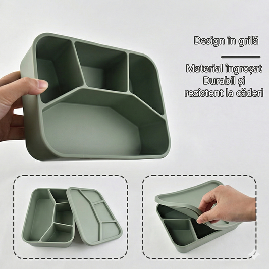 Caserolă Bento din Silicon Premium pentru Copii – 3 Compartimente & Capac Etanș (Indestructibilă)